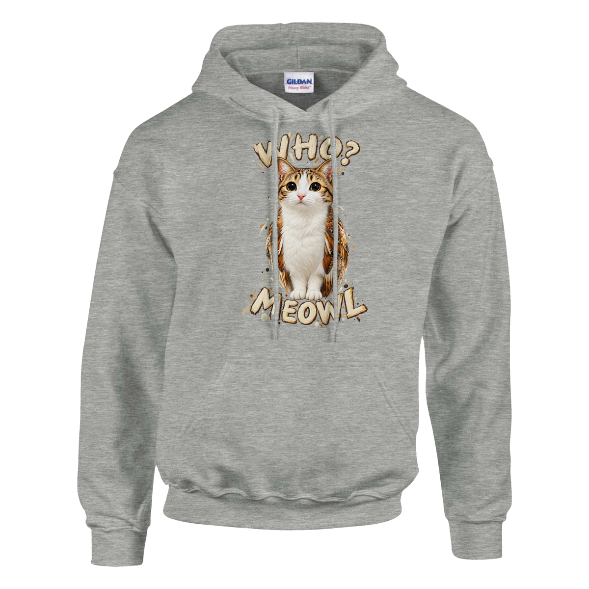 Meowl print on an ash grey pullover hoodie, front view