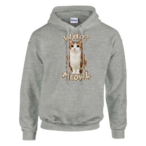 Meowl print on an ash grey pullover hoodie, front view