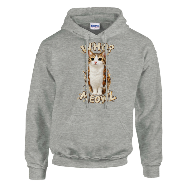 Meowl print on an ash grey pullover hoodie, front view