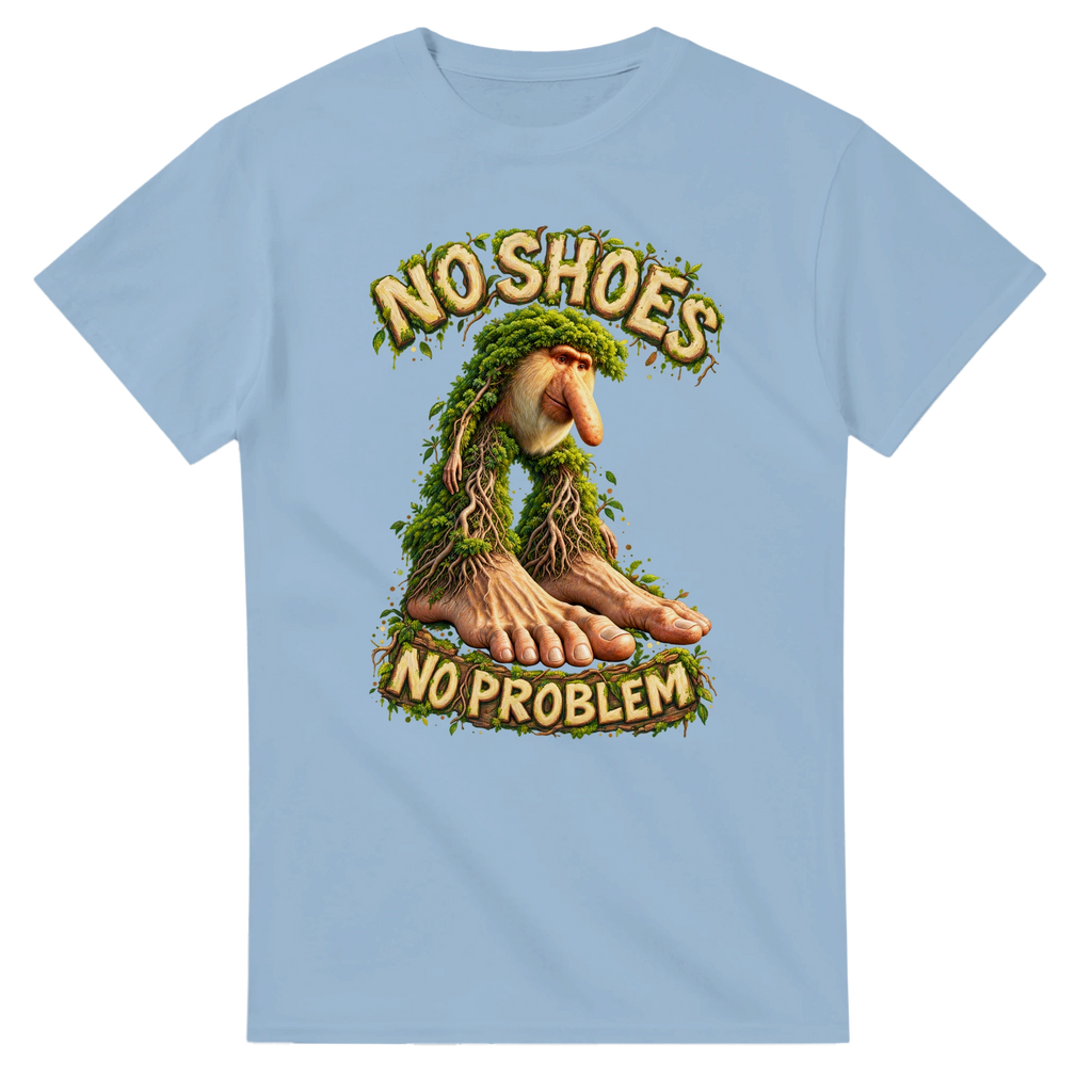 Light Blue t-shirt printed with Brr Brr Patapim and the words No shoes, no problem, front view