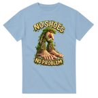 Light Blue t-shirt printed with Brr Brr Patapim and the words No shoes, no problem, front view