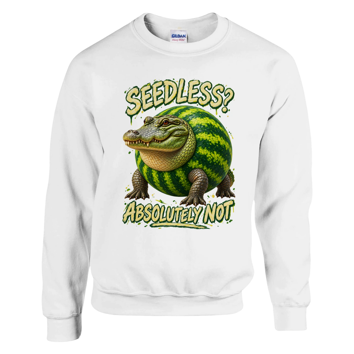 Glorbo Fruttodrillo print on a white crewneck sweatshirt, front view