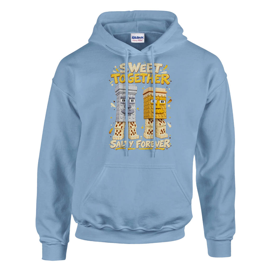 Garama and Madundung print on a light blue pullover hoodie, front view