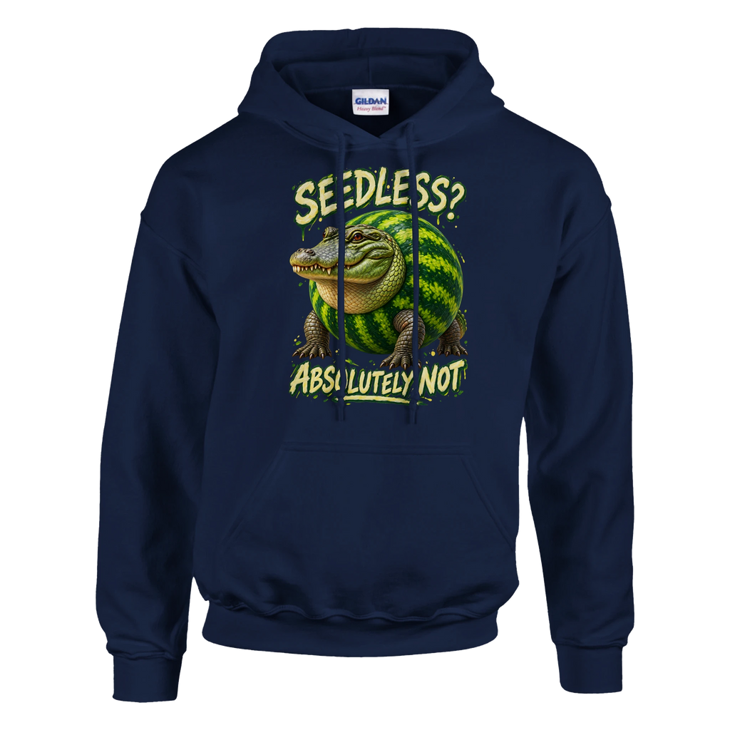 Glorbo Fruttodrillo print on a navy pullover hoodie, front view