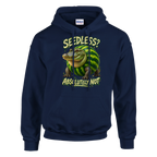 Glorbo Fruttodrillo print on a navy pullover hoodie, front view
