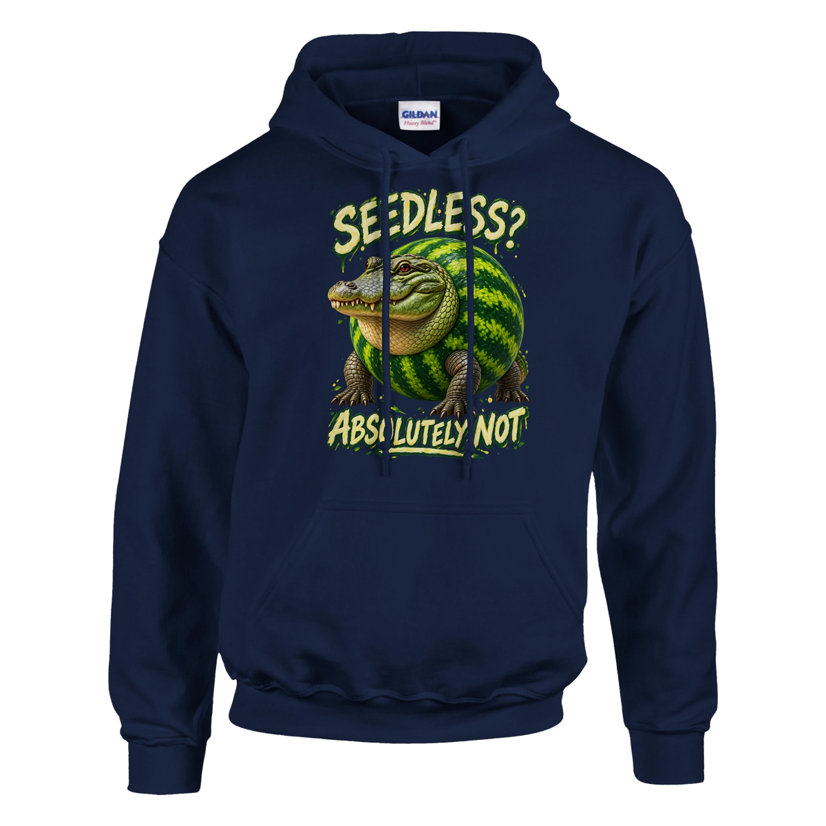 Glorbo Fruttodrillo print on a navy pullover hoodie, front view