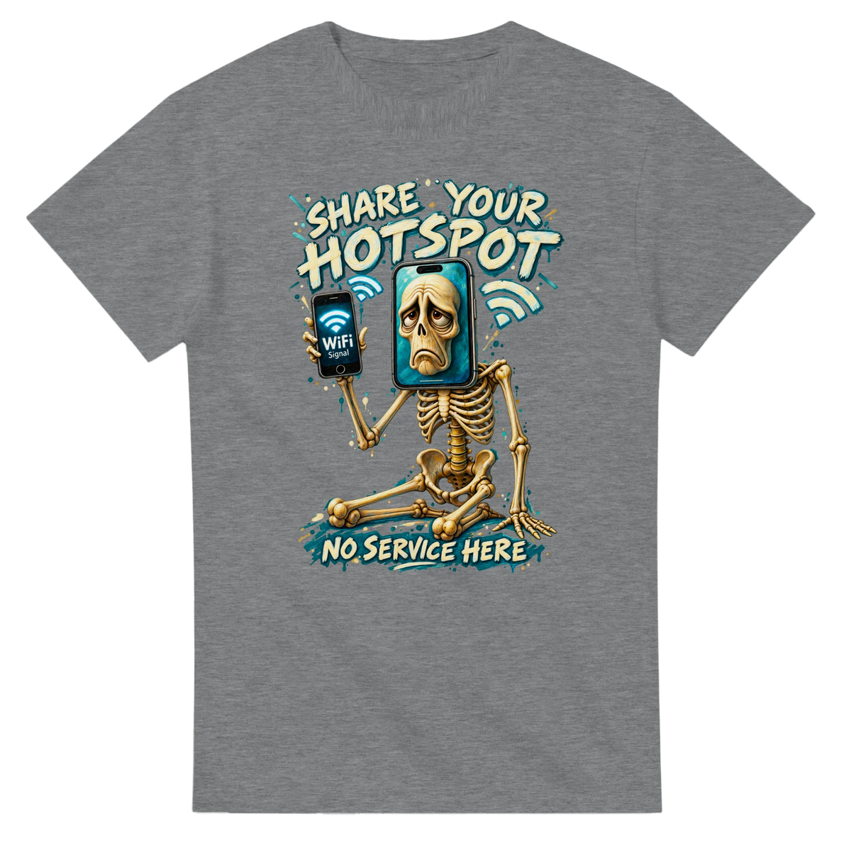 Sport Grey t-shirt printed with Pot Hotspot and the words Share your hotspot, no service here, front view