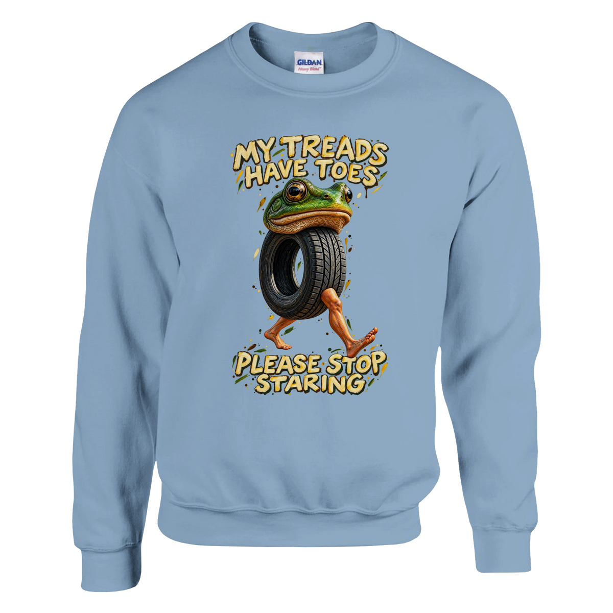 Boneca Ambalabu print on a light blue crewneck sweatshirt, front view