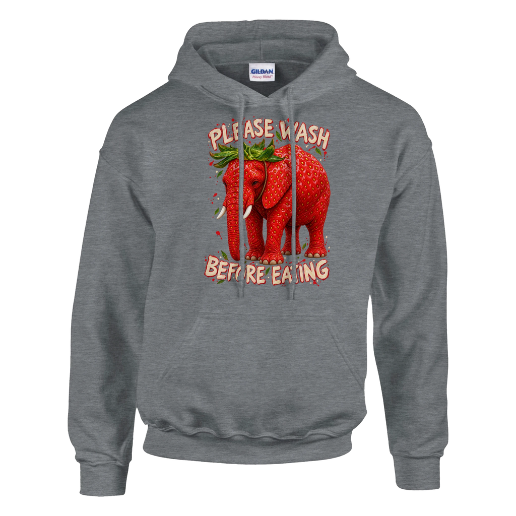Strawberry Elephant print on a sport grey pullover hoodie, front view