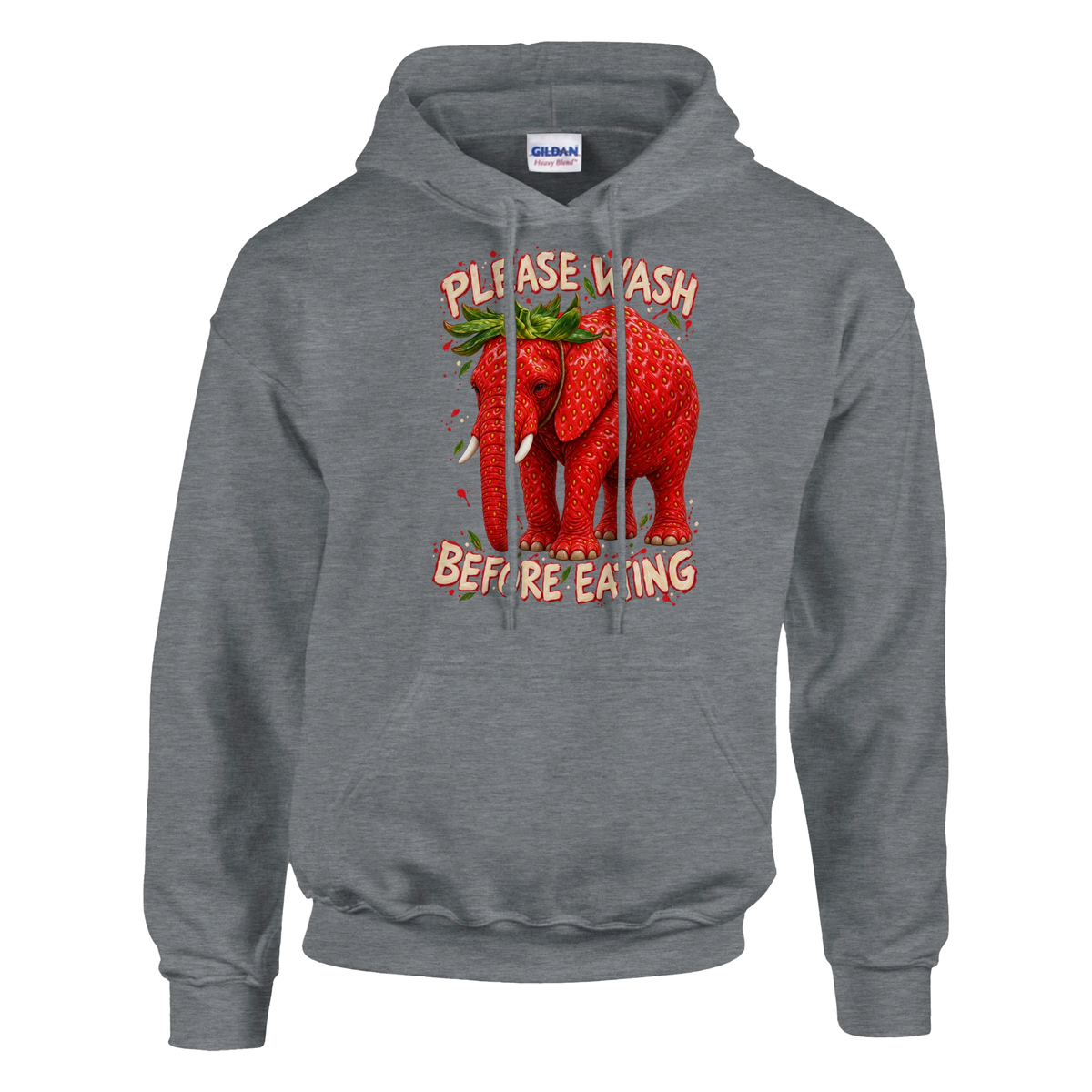 Strawberry Elephant print on a sport grey pullover hoodie, front view