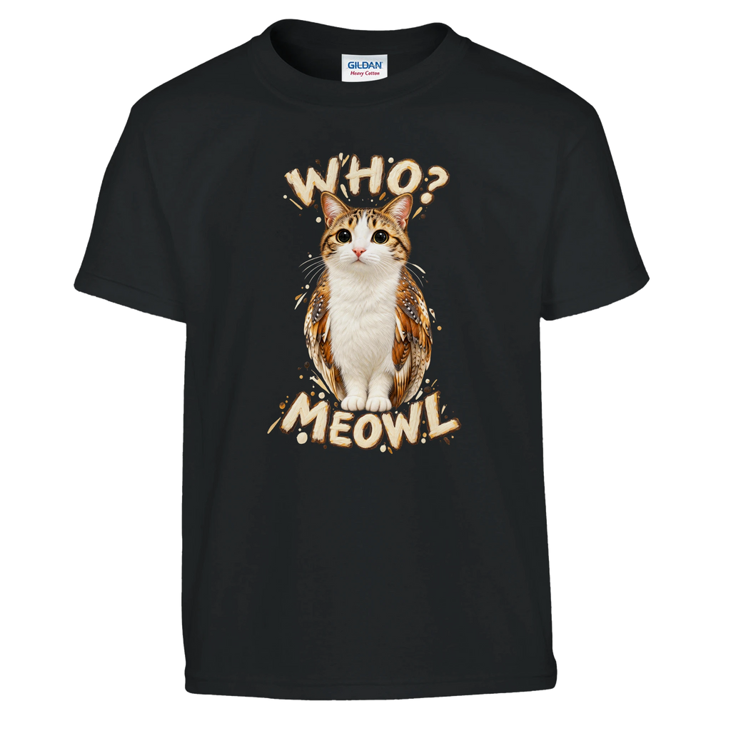 Meowl print on a black kids t-shirt, front view