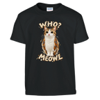 Meowl print on a black kids t-shirt, front view