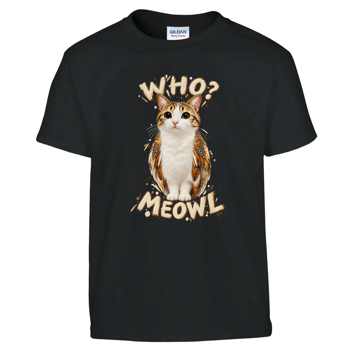 Meowl print on a black kids t-shirt, front view