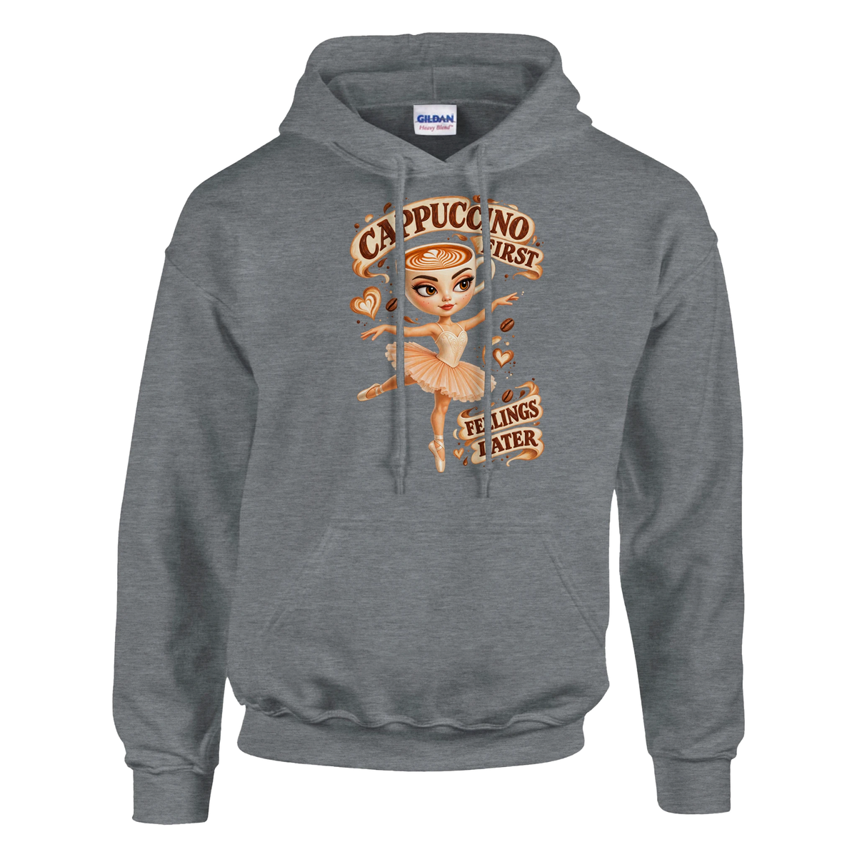 Ballerina Cappuccina print on a sport grey pullover hoodie, front view