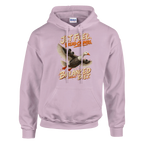 Bombombini Gusini print on a light pink pullover hoodie, front view
