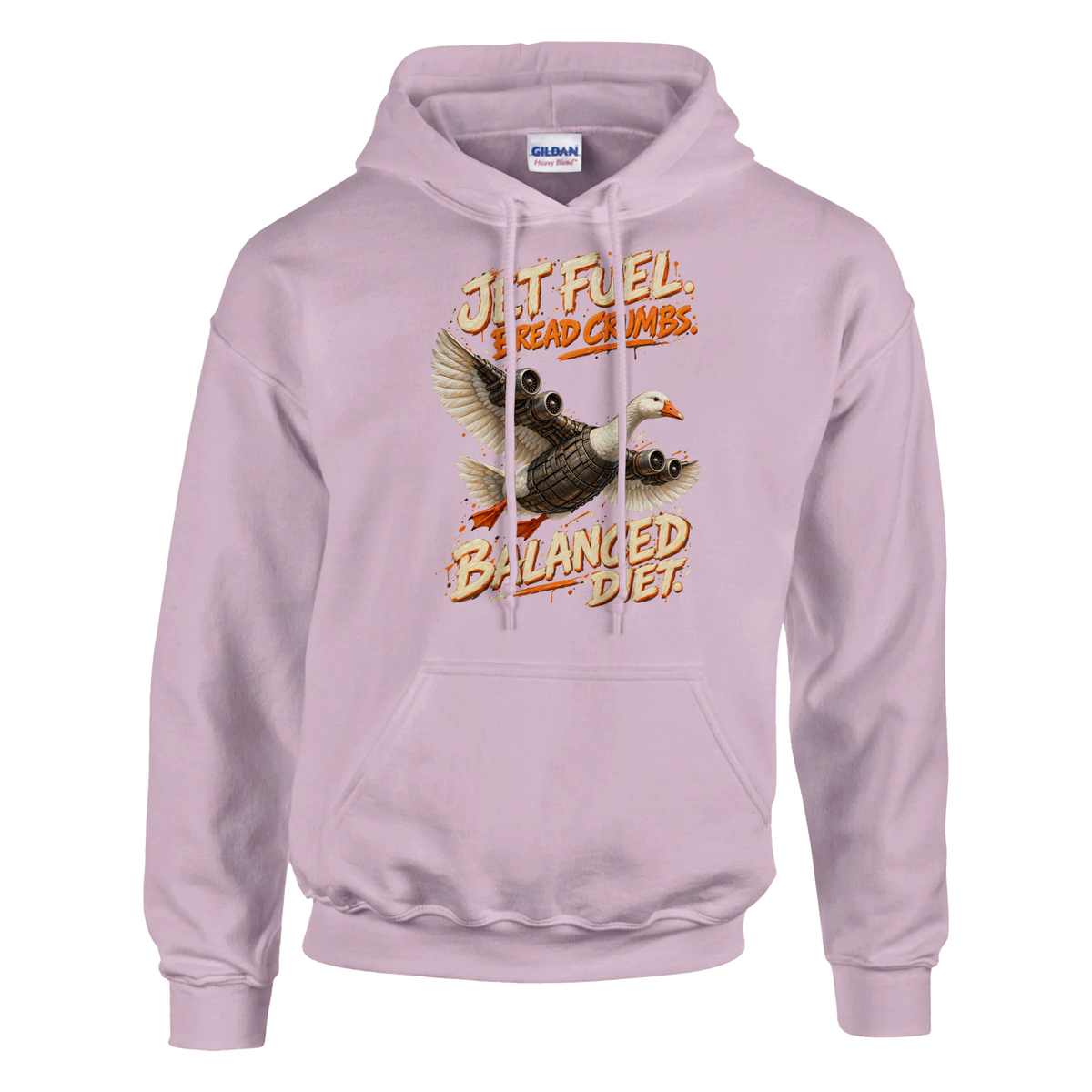Bombombini Gusini print on a light pink pullover hoodie, front view