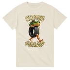 Natural t-shirt printed with Boneca Ambalabu and the words My treads have toes, please stop staring, front view