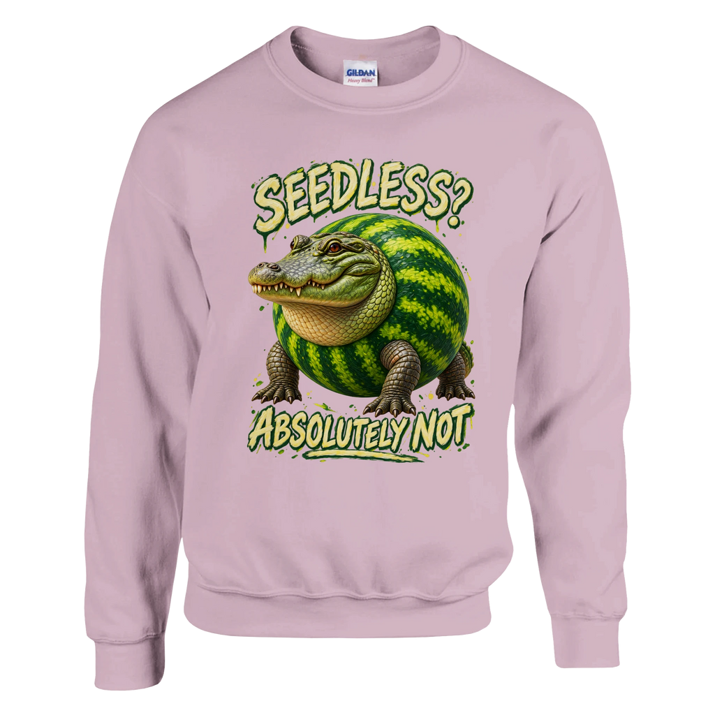 Glorbo Fruttodrillo print on a light pink crewneck sweatshirt, front view