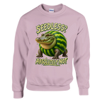 Glorbo Fruttodrillo print on a light pink crewneck sweatshirt, front view