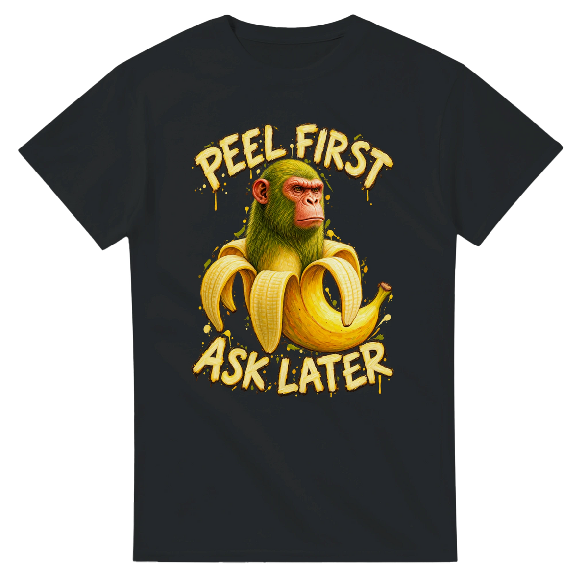 Black t-shirt printed with Chimpanzini Bananini and the words Peel first, ask later, front view