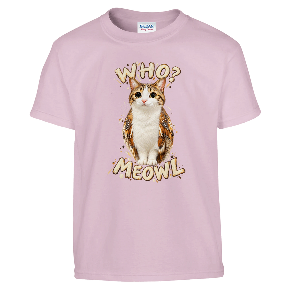 Meowl print on a light pink kids t-shirt, front view