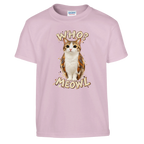 Meowl print on a light pink kids t-shirt, front view