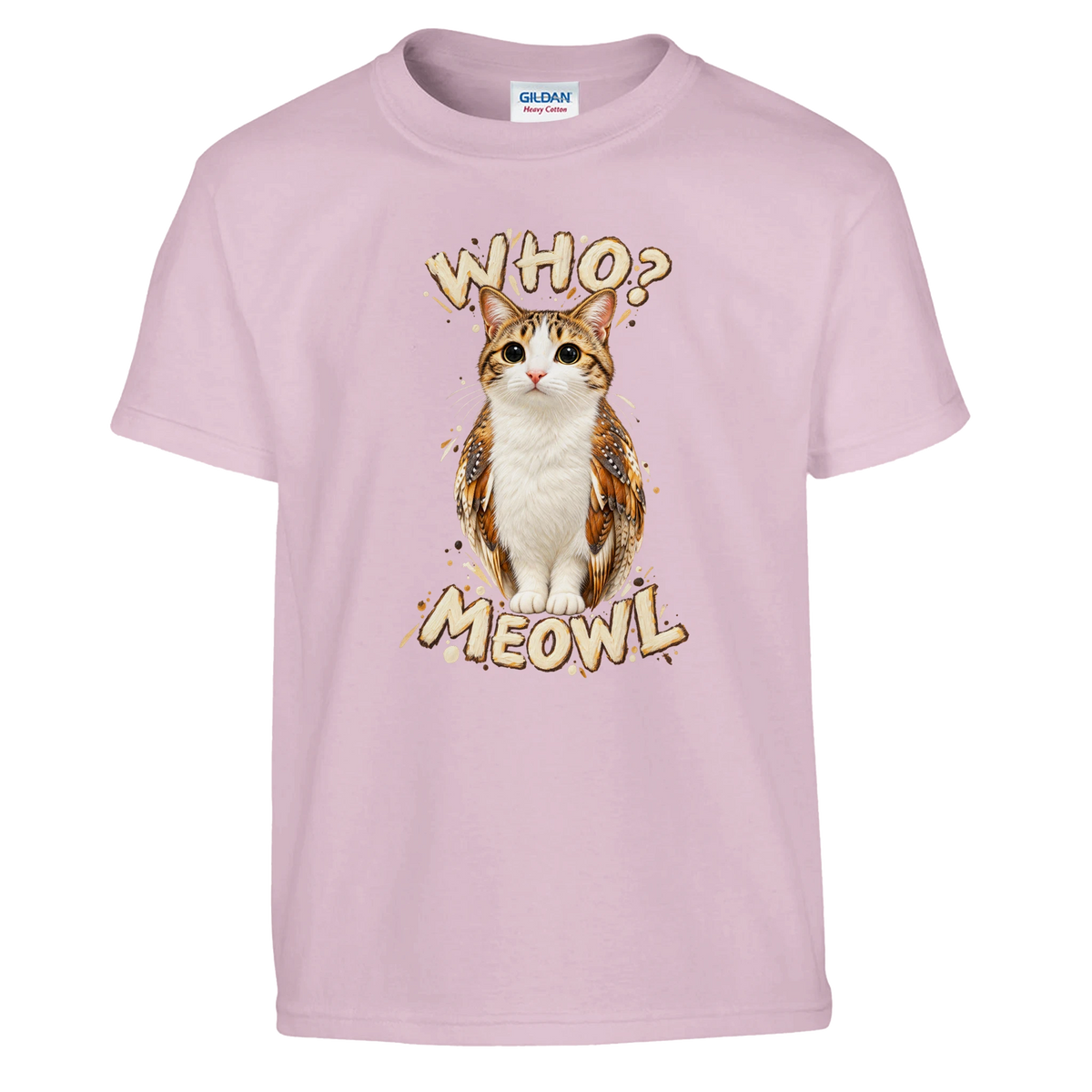 Meowl print on a light pink kids t-shirt, front view