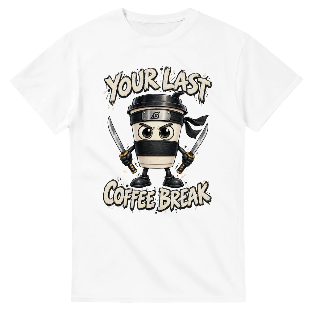 White t-shirt printed with Cappuccino Assassino and the words Your last coffee break, front view