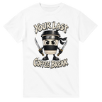 White t-shirt printed with Cappuccino Assassino and the words Your last coffee break, front view