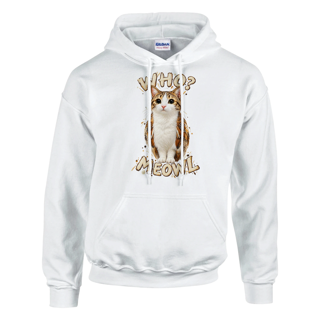 Meowl print on a white pullover hoodie, front view