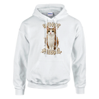 Meowl print on a white pullover hoodie, front view