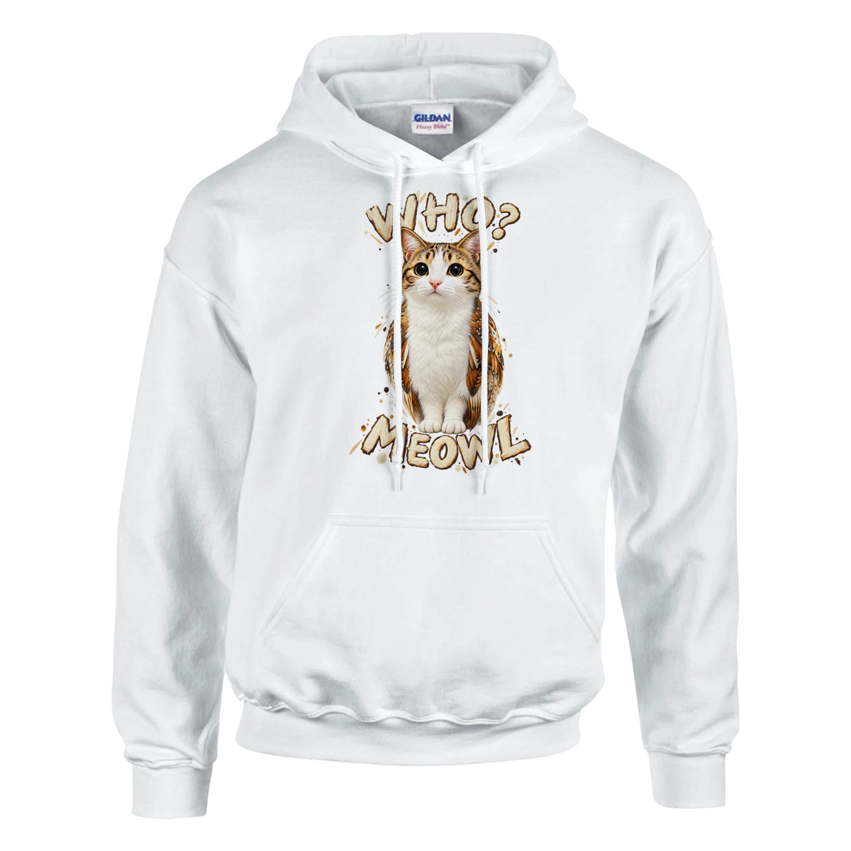 Meowl print on a white pullover hoodie, front view