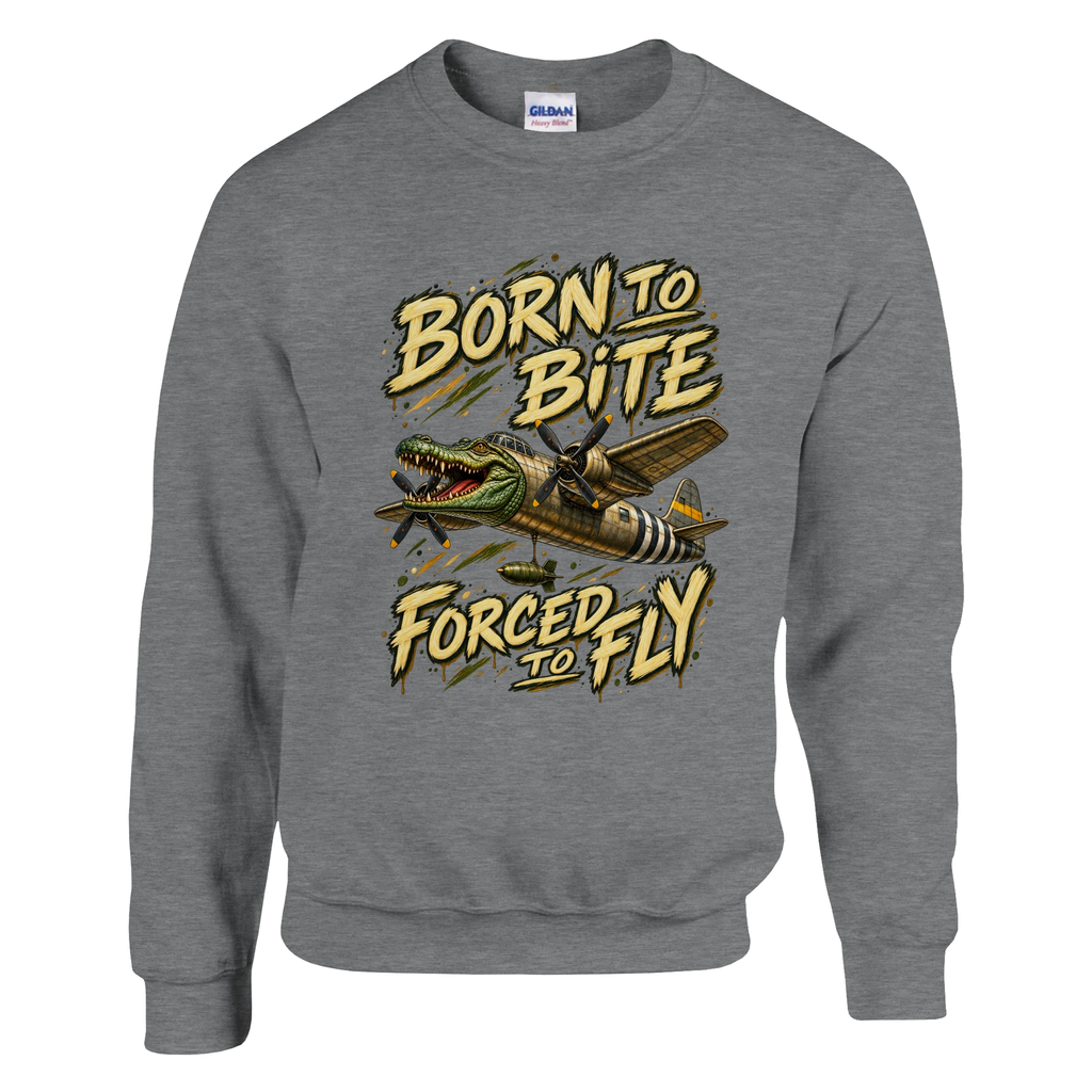 Bombardino Crocodilo print on a sport grey crewneck sweatshirt, front view