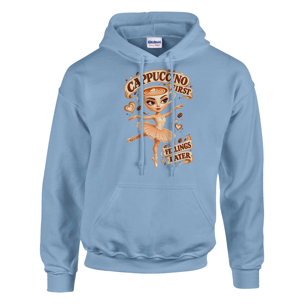 Ballerina Cappuccina print on a light blue pullover hoodie, front view