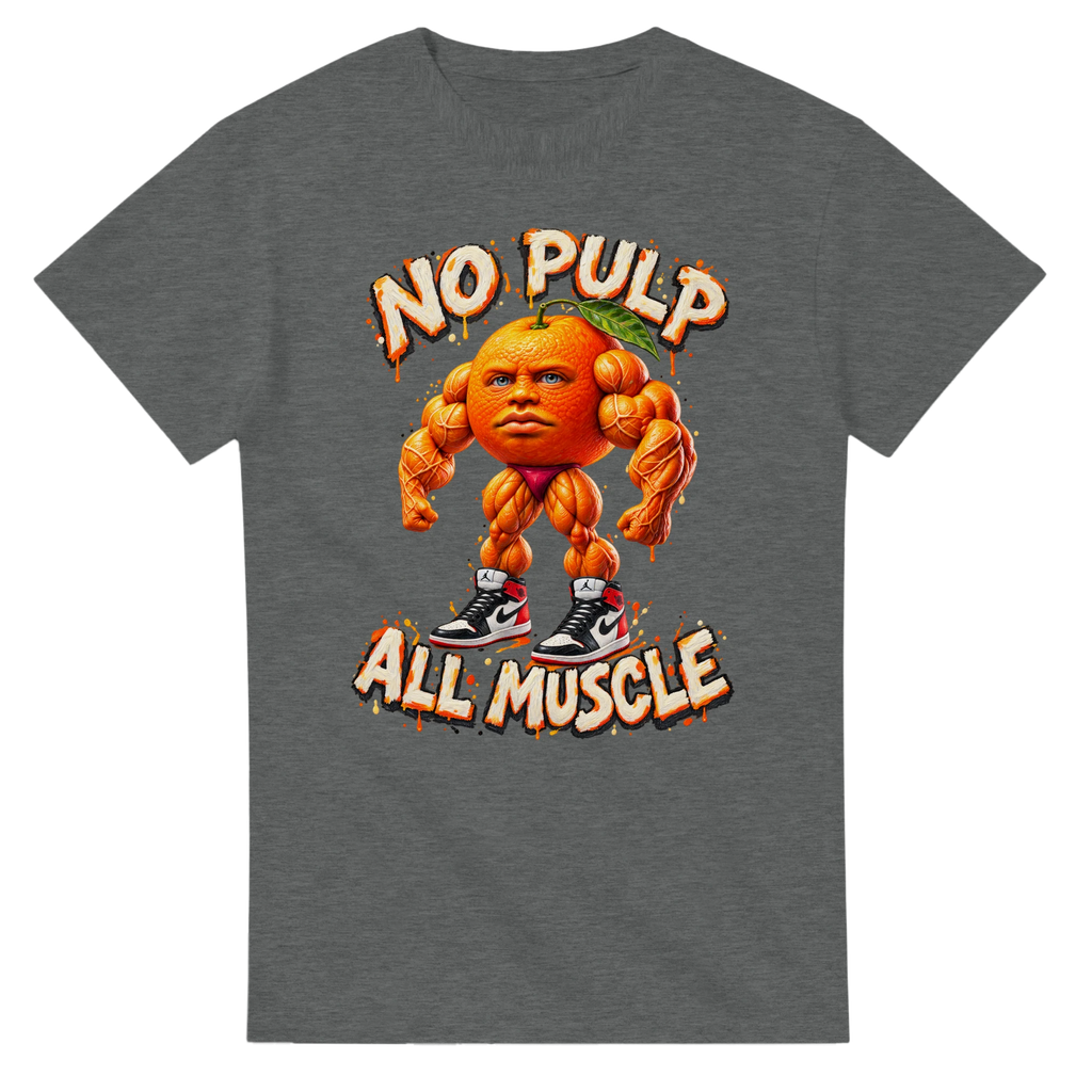 Graphite Heather t-shirt printed with Odin Din Din Dun and the words No pulp, all muscle, front view