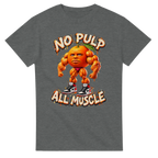 Graphite Heather t-shirt printed with Odin Din Din Dun and the words No pulp, all muscle, front view