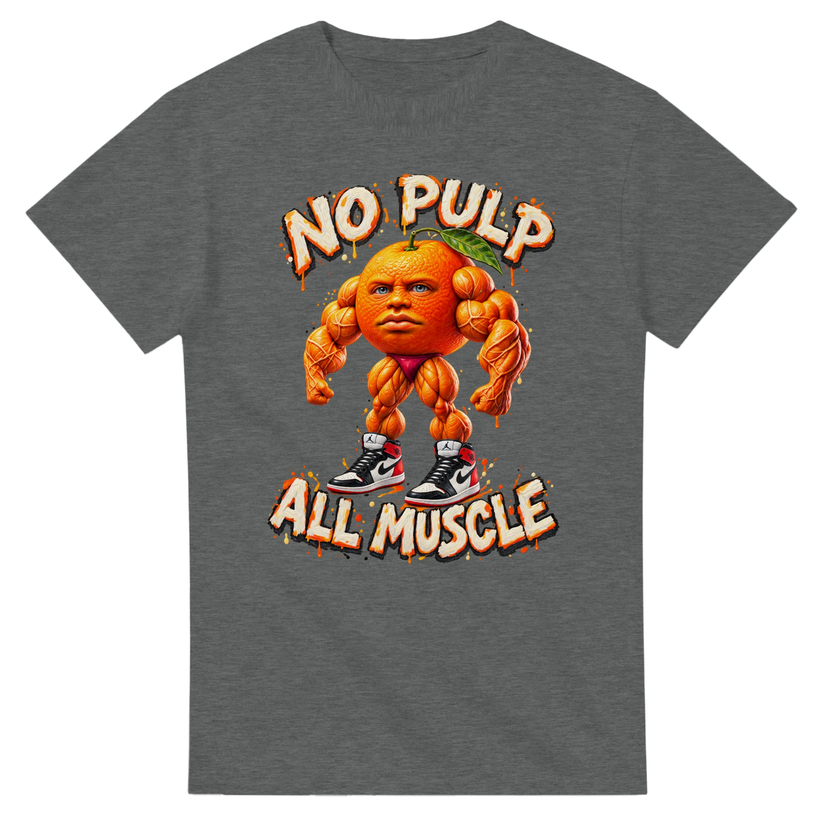 Graphite Heather t-shirt printed with Odin Din Din Dun and the words No pulp, all muscle, front view