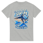 Ash grey t-shirt printed with Tralalero Tralala and the words Born to swim, forced to jog, front view