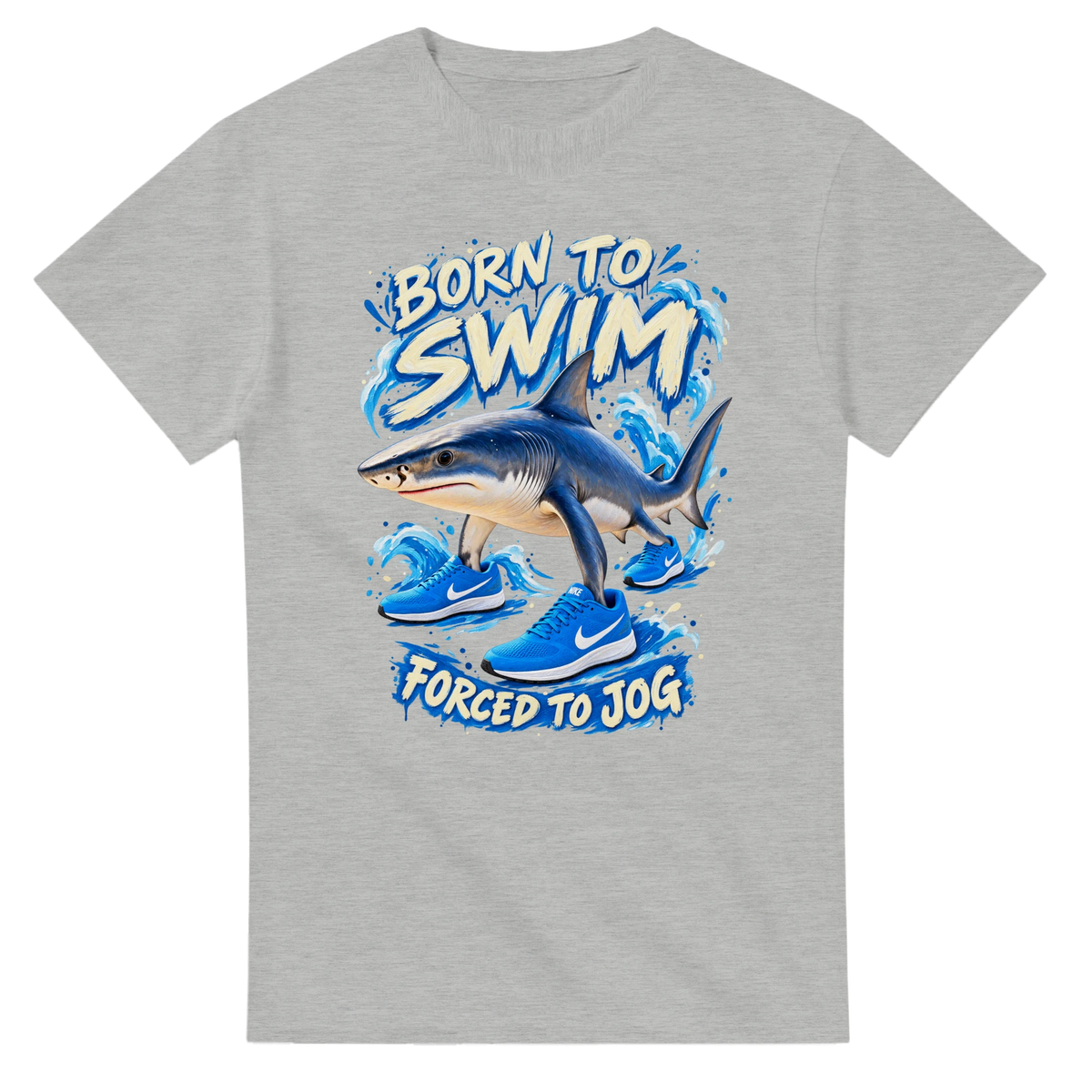 Ash grey t-shirt printed with Tralalero Tralala and the words Born to swim, forced to jog, front view