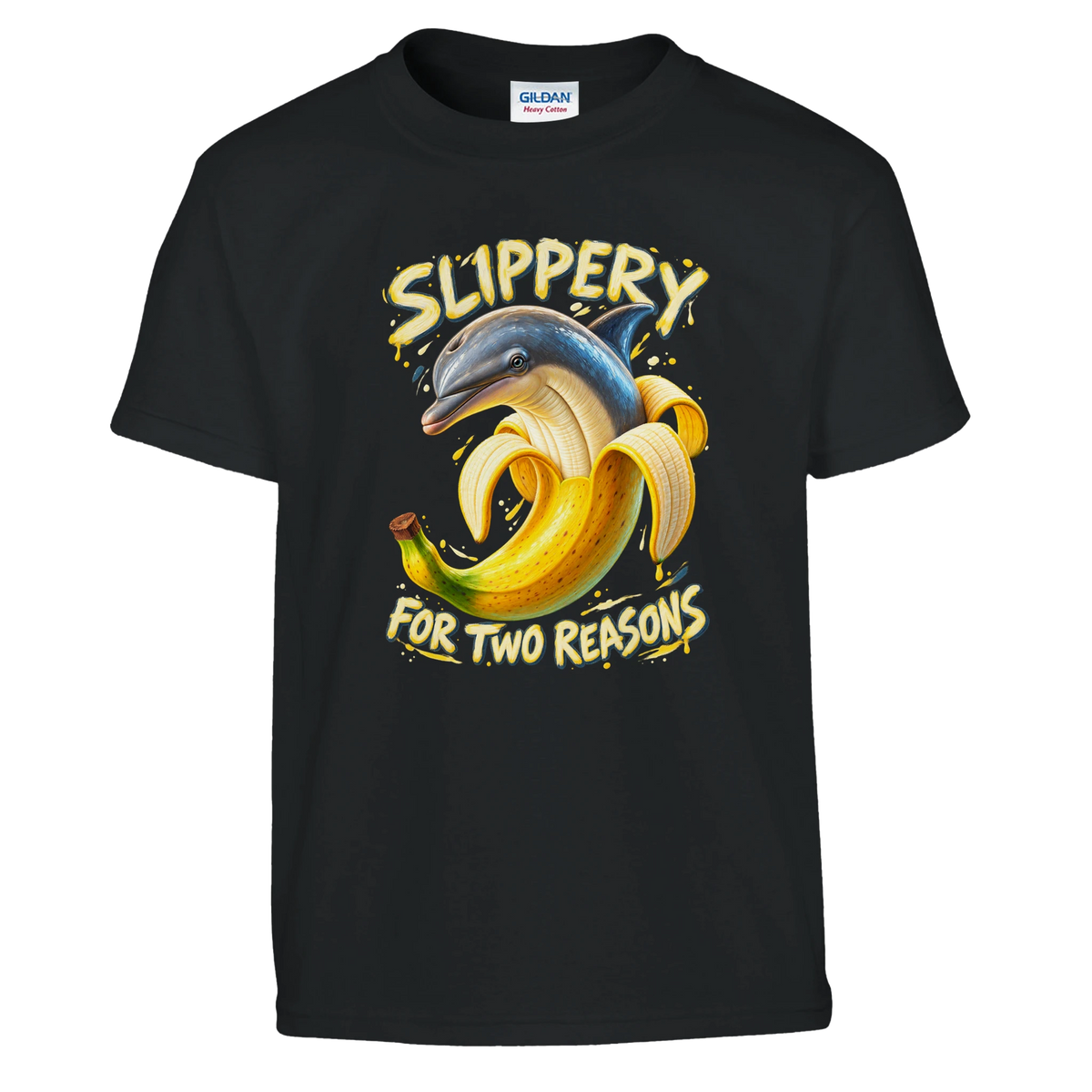 Bananita Dolphinita print on a black kids t-shirt, front view