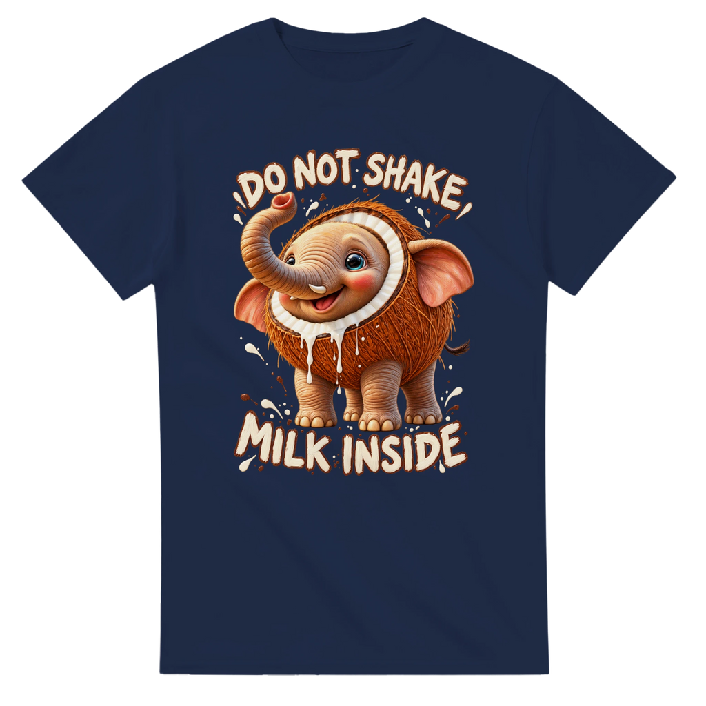 Navy t-shirt printed with Cocofanto Elefanto and the words Do not shake, milk inside, front view
