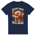 Navy t-shirt printed with Cocofanto Elefanto and the words Do not shake, milk inside, front view