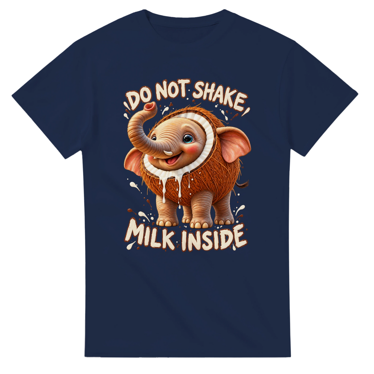 Navy t-shirt printed with Cocofanto Elefanto and the words Do not shake, milk inside, front view