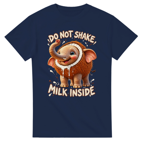 Navy t-shirt printed with Cocofanto Elefanto and the words Do not shake, milk inside, front view