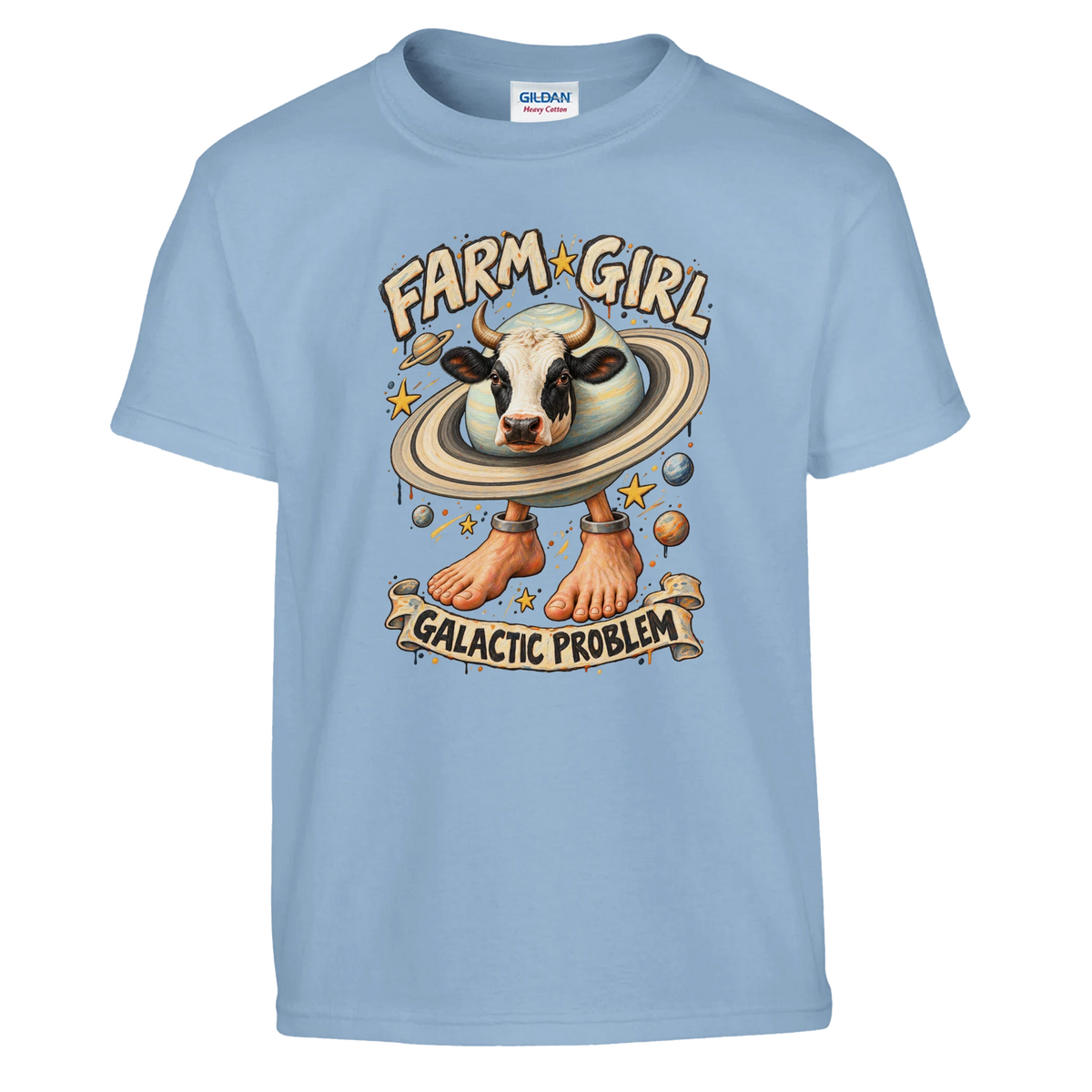 La Vaca Saturno Saturnita print on a light blue kids t-shirt, front view