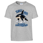 Orcalero Orcala print on a sport grey kids t-shirt, front view