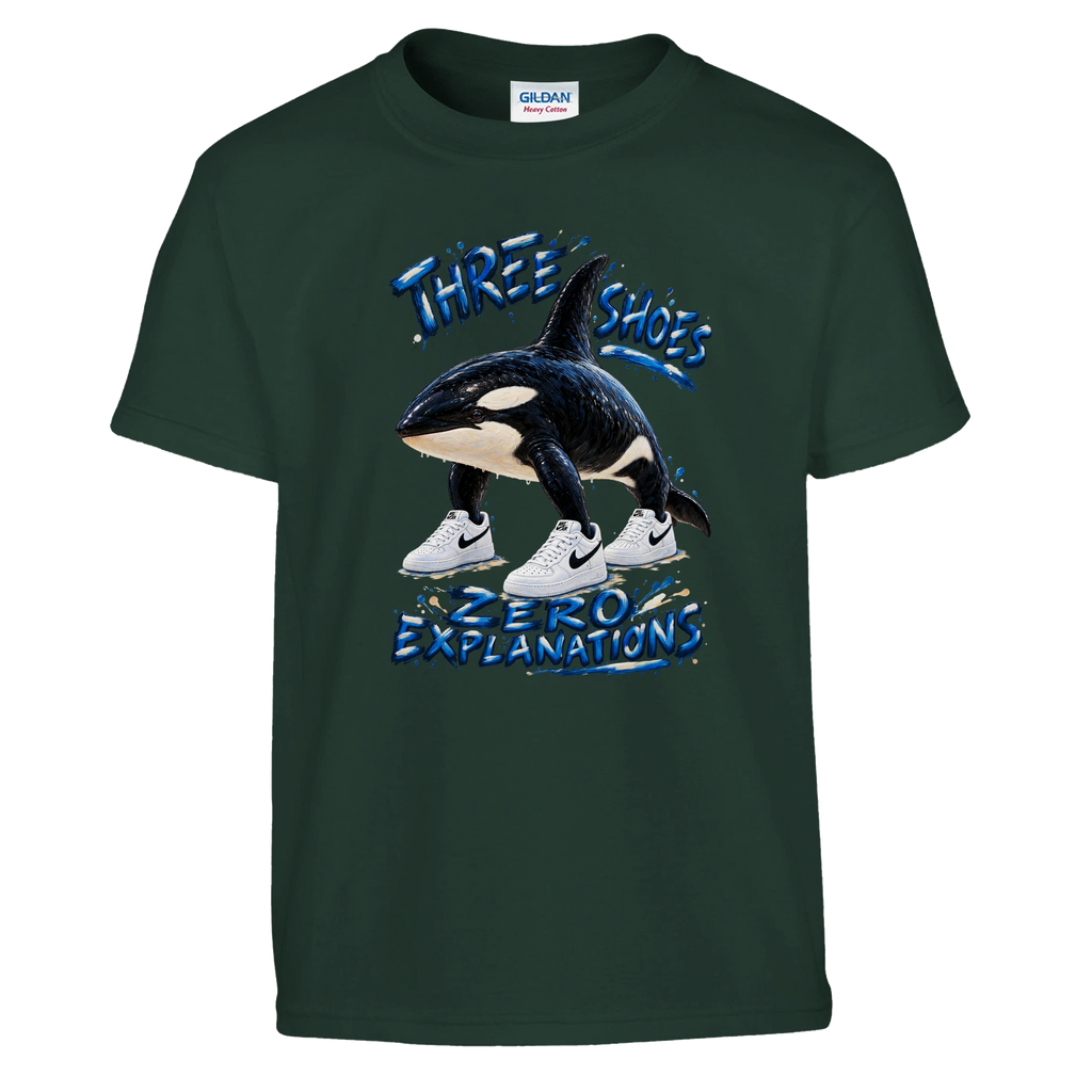 Orcalero Orcala print on a forest green kids t-shirt, front view