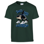 Orcalero Orcala print on a forest green kids t-shirt, front view