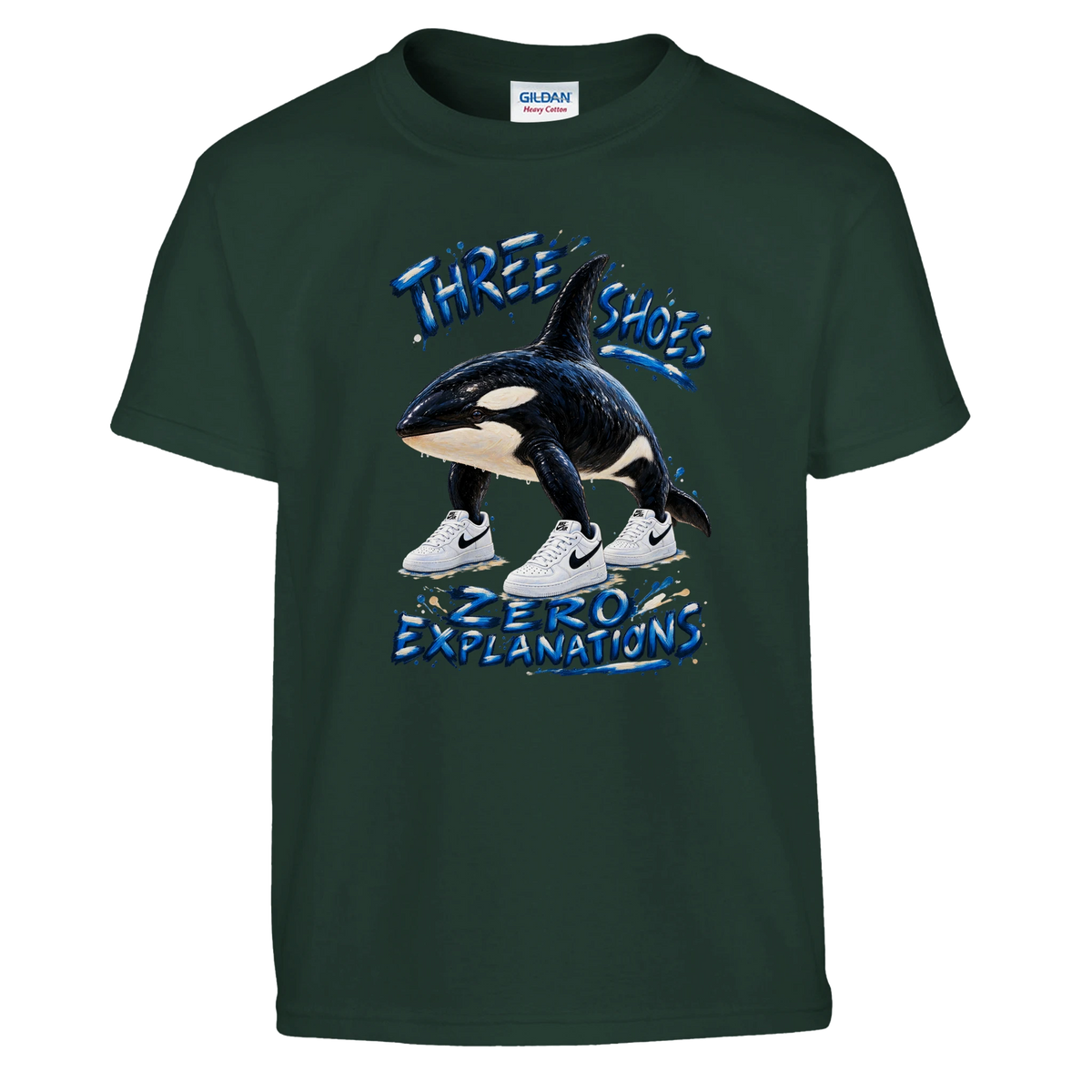Orcalero Orcala print on a forest green kids t-shirt, front view