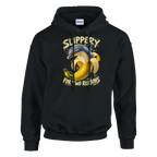 Bananita Dolphinita print on a black pullover hoodie, front view